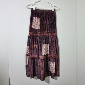 Boho Tiered Patchwork Midi Skirt Womens Small Elastic Waist Paisley Festival